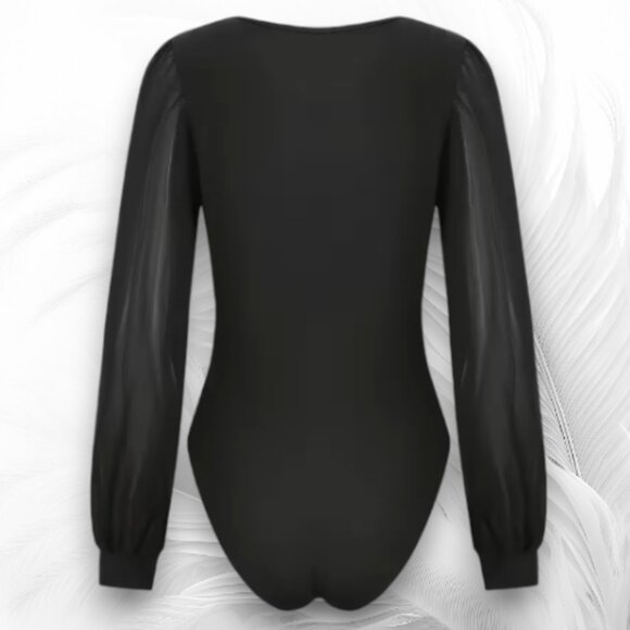 Black Long Sleeve Bodysuit With Sheer Puff Sleeves Size: L - Picture 5 of 7